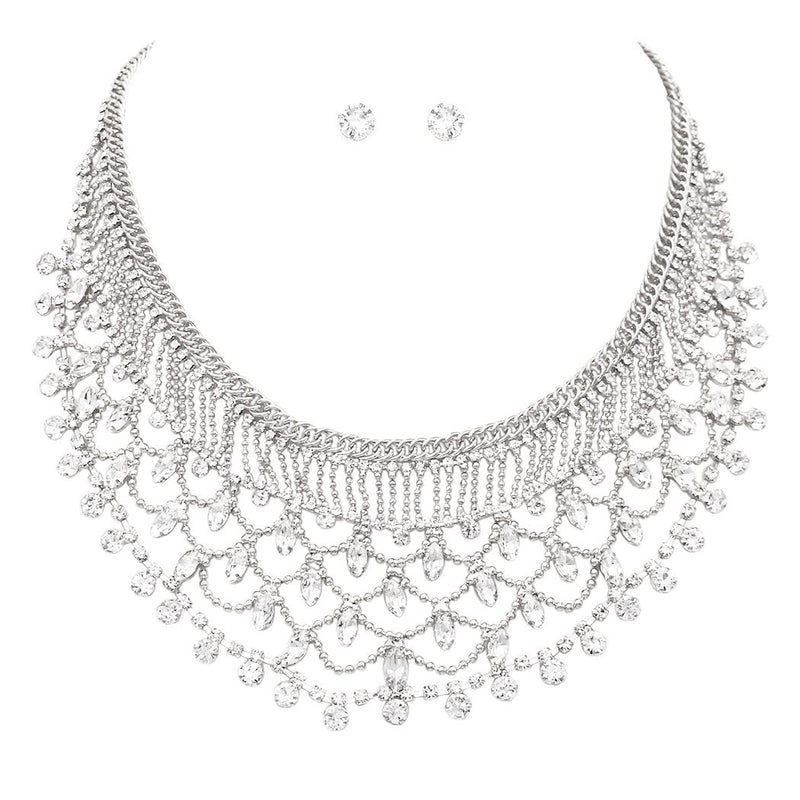 Stunning Vintage Bridal Design Crystal Rhinestone and Beaded Collar Necklace and Earrings Set, 15"+3" Extender (Silver Tone)