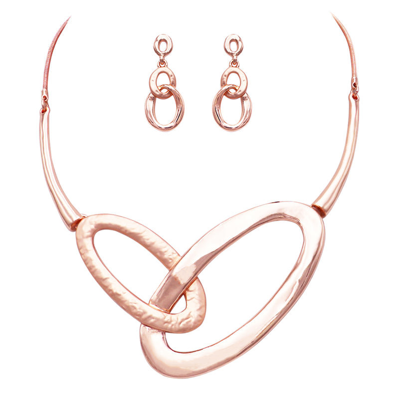 Contemporary Fashion Trending Geo Hoop Link Bib Necklace and Earrings Statement Jewelry Set