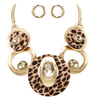 Statement Leopard Print Resin Geo Hoop Link with Glass Crystals Bib Necklace and Earring Jewelry Gift Set (Leopard Print Gold Tone)