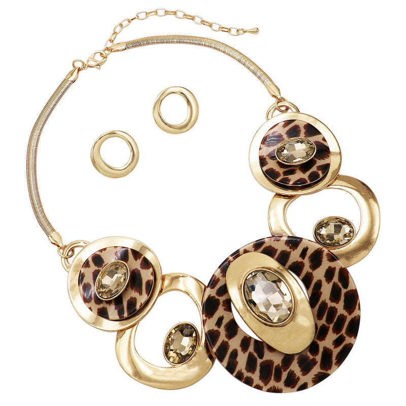 Statement Leopard Print Resin Geo Hoop Link with Glass Crystals Bib Necklace and Earring Jewelry Gift Set (Leopard Print Gold Tone)