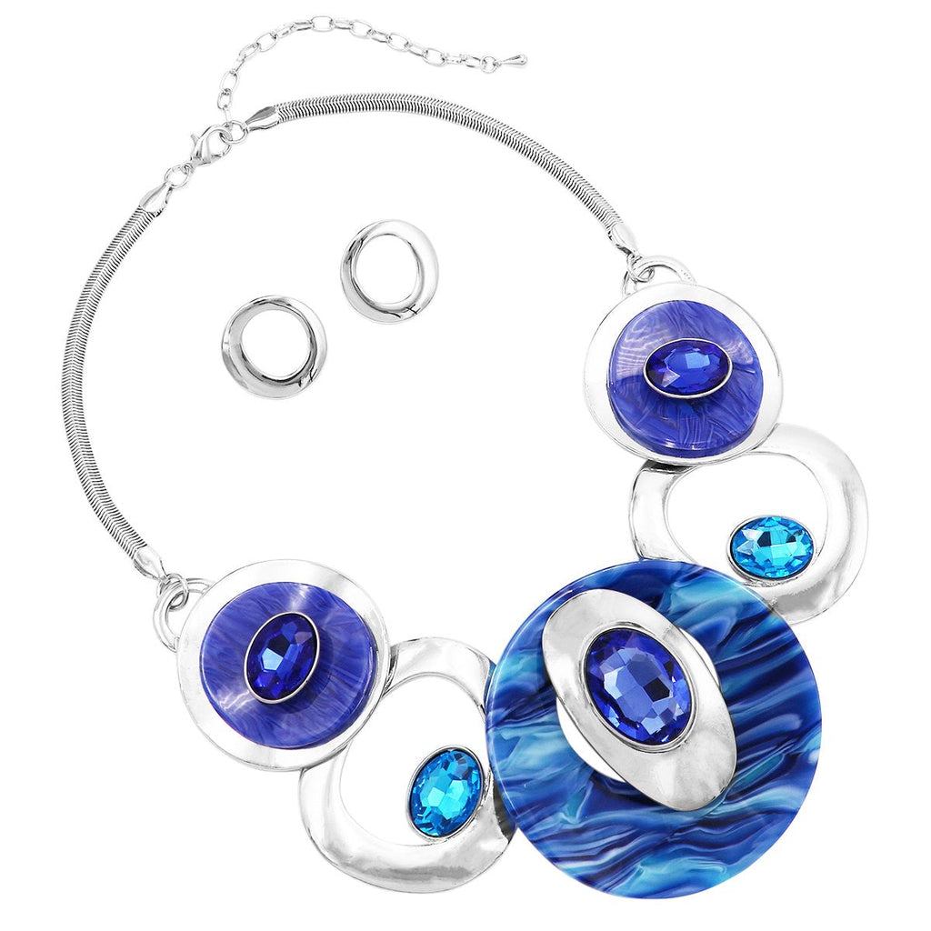 Women's New Fashion Statement Blue Resin and Crystal Link Bib Necklace and Earring Jewelry Set (Blues Silver Tone)