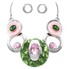 Contemporary Statement Green and Pink Resin Geo Hoop Link with Glass Crystals Adjustable Bib Necklace and Earrings Set (Pink Green Silver Tone)