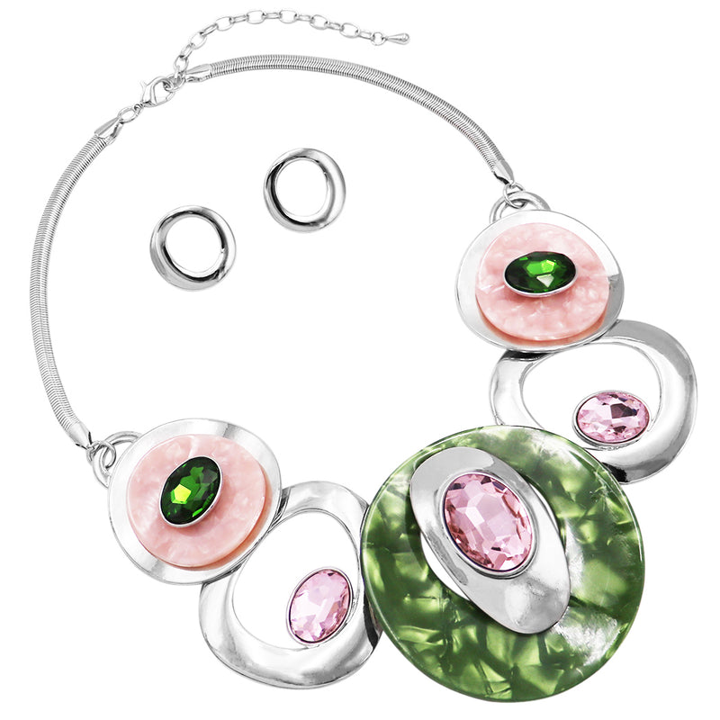 Contemporary Statement Green and Pink Resin Geo Hoop Link with Glass Crystals Adjustable Bib Necklace and Earrings Set (Pink Green Silver Tone)