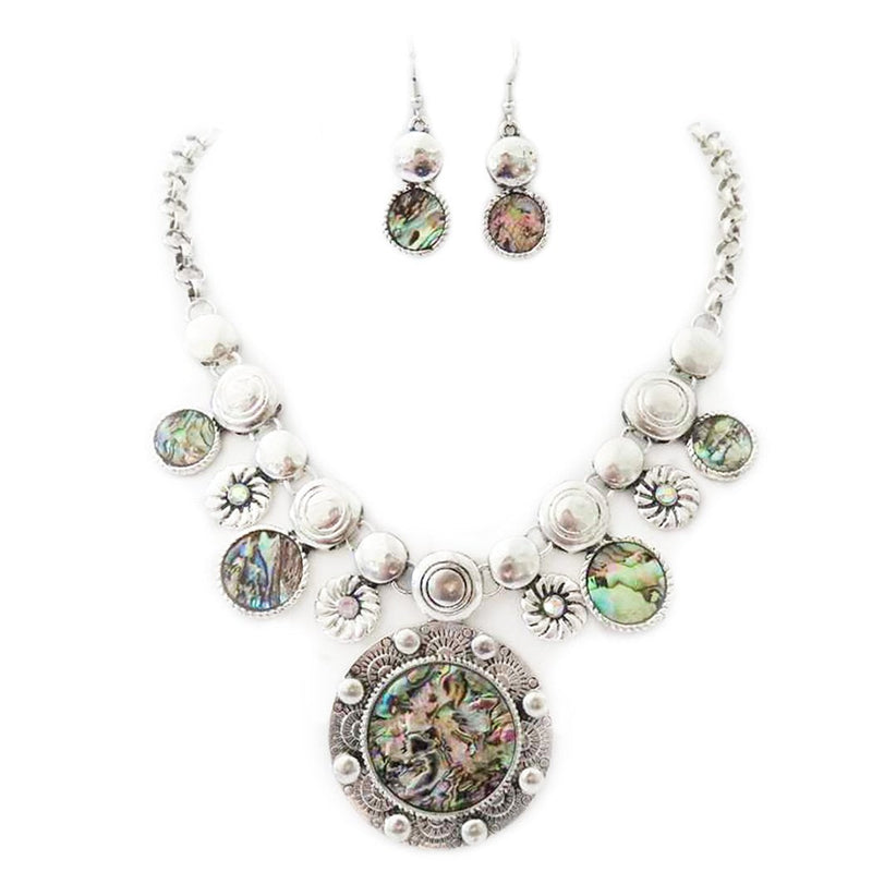 Western Style Cowgirl Chic Concho Medallion With Natural Howlite Stones Necklace Earrings Set, 16"+3" Extension (Abalone Shell)