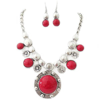 Western Style Cowgirl Chic Concho Medallion With Natural Howlite Stones Necklace Earrings Set, 16"+3" Extension (Red Howlite)
