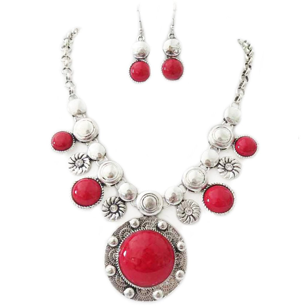 Western Style Cowgirl Chic Concho Medallion With Natural Howlite Stones Necklace Earrings Set, 16"+3" Extension (Red Howlite)
