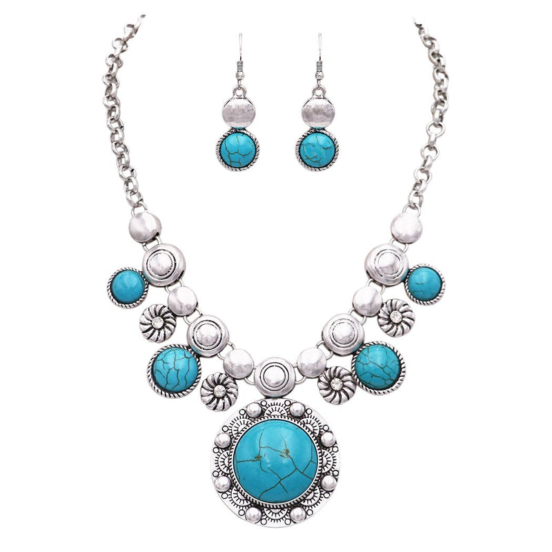 South Western Style Circular Turquoise Color Concho Statement Necklace Earring Jewelry Gift Set