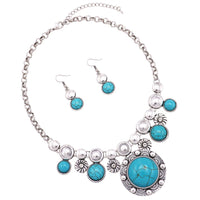 South Western Style Circular Turquoise Color Concho Statement Necklace Earring Jewelry Gift Set
