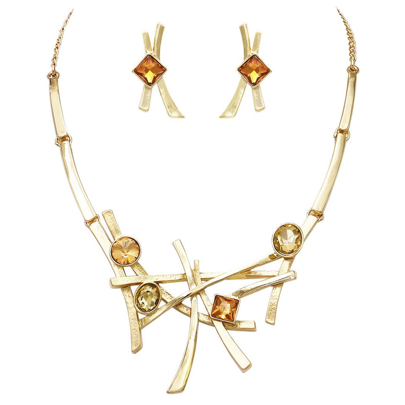 Contemporary Polished And Matte Metal With Glass Crystals Geometric Bib Necklace and Earring Jewelry Gift Set (Gold Tone)