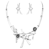 Contemporary Polished And Matte Metal With Glass Crystals Geometric Bib Necklace and Earrings Set (Silver Tone)