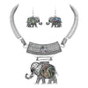 Lucky Elephant Circular Natural Howlite Statement Necklace Earrings Set, 10"-13" with 3" Extension (Abalone Shell Silver Tone)