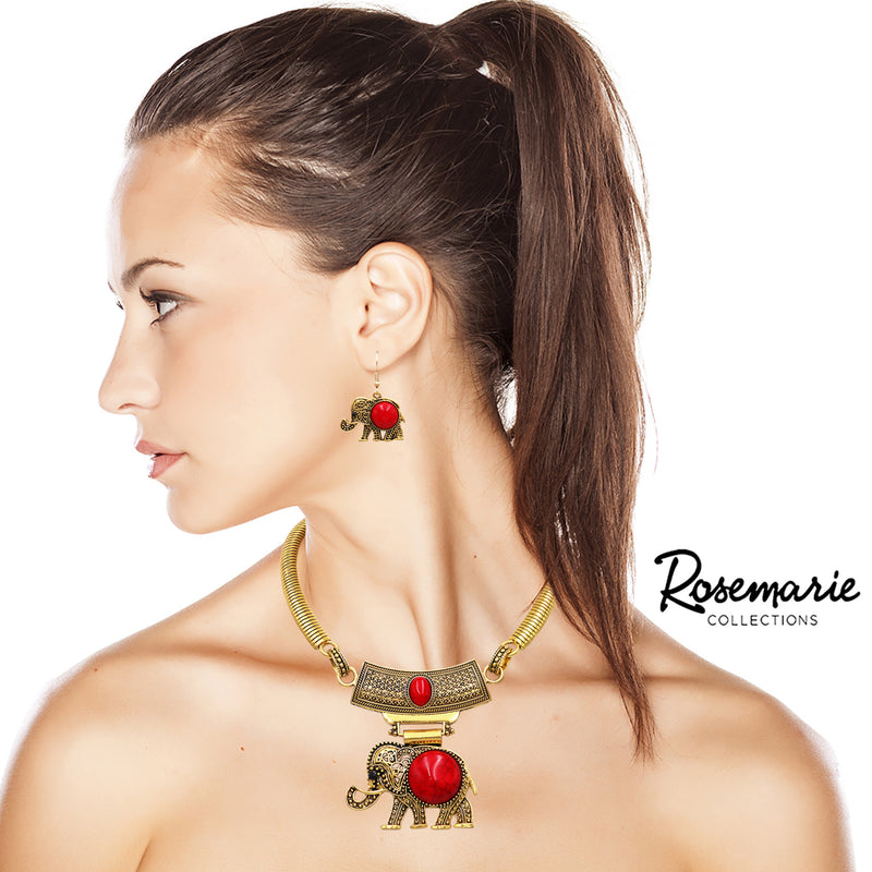 Lucky Elephant Circular Natural Howlite Statement Necklace Earrings Set, 10"-13" with 3" Extension (Red/Gold Tone)