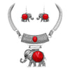 Lucky Elephant Circular Natural Howlite Statement Necklace Earrings Set, 10"-13" with 3" Extension (Red Howlite Silver Tone)