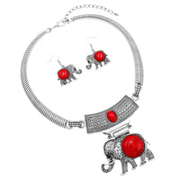Lucky Elephant Circular Natural Howlite Statement Necklace Earrings Set, 10"-13" with 3" Extension (Red Howlite Silver Tone)
