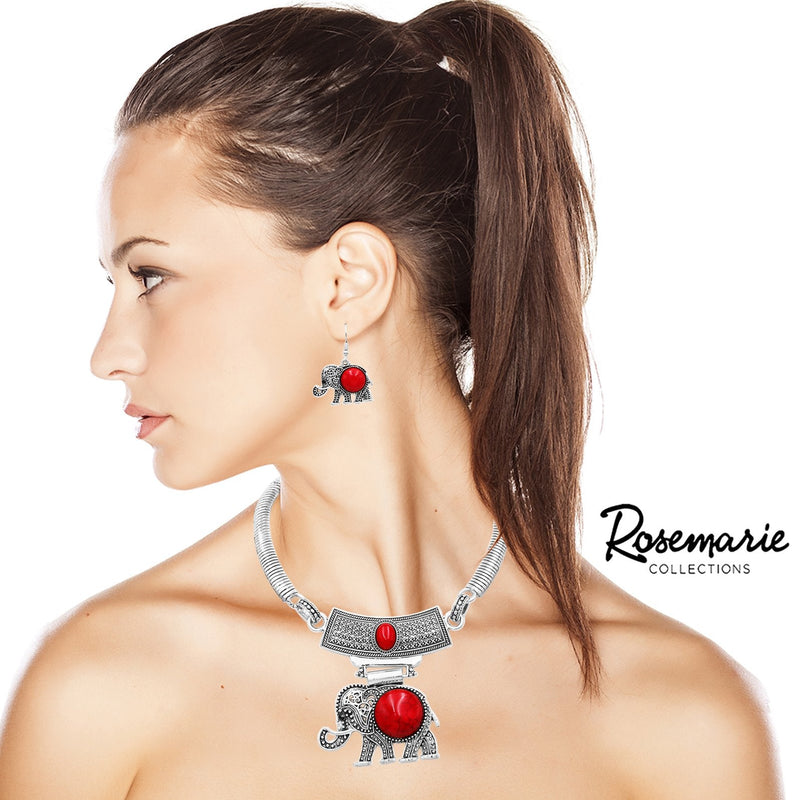 Lucky Elephant Circular Natural Howlite Statement Necklace Earrings Set, 10"-13" with 3" Extension (Red Howlite Silver Tone)