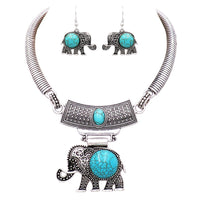 Rosemarie Collections Womenâ€™s Luck Elephant Circular Turquoise Statement Necklace Earring Jewelry Gift Set, 13" with 3" Extender