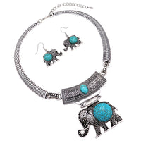 Rosemarie Collections Womenâ€™s Luck Elephant Circular Turquoise Statement Necklace Earring Jewelry Gift Set, 13" with 3" Extender