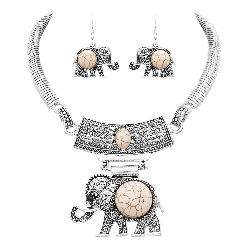 Lucky Elephant Circular Natural Howlite Statement Necklace Earrings Set, 10"-13" with 3" Extension (Cream/Silver Tone)