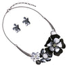 Stunning Enamel and Lucite 3D Flower Collar Necklace and Earrings Jewelry Gift Set, 14"-17.5" with 3.5" Extension (Hematite/Gray Blacks)