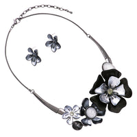 Stunning Enamel and Lucite 3D Flower Collar Necklace and Earrings Jewelry Gift Set, 14"-17.5" with 3.5" Extension (Hematite/Gray Blacks)