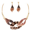 Unbe"leaf"able Statement Enamel Leaf Resin Necklace Earrings Set, 12"+3" Extender (Leopard Print Gold Tone)