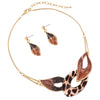 Unbe"leaf"able Statement Enamel Leaf Resin Necklace Earrings Set, 12"+3" Extender (Leopard Print Gold Tone)