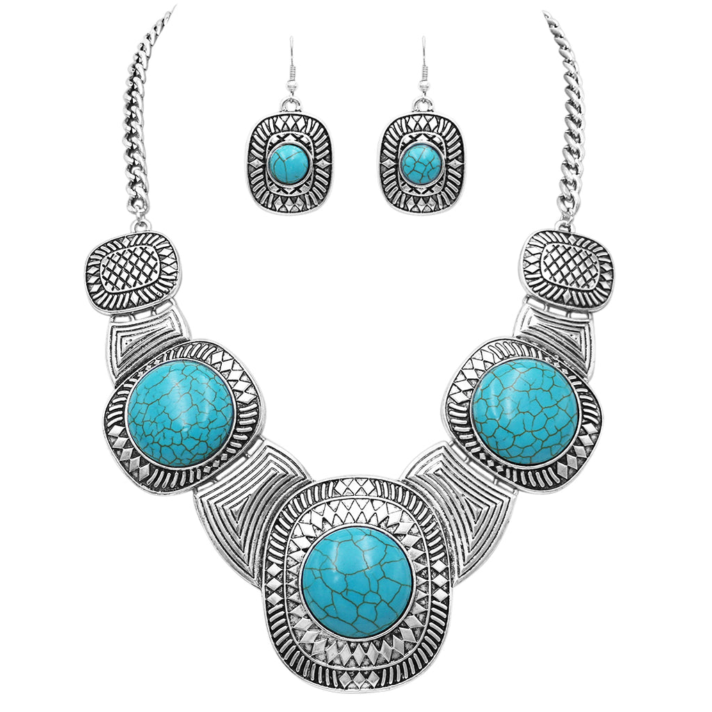 Western Style Concho with Natural Howlite Necklace Earring Jewelry Gift Set, 16"-19" with 3" Extension