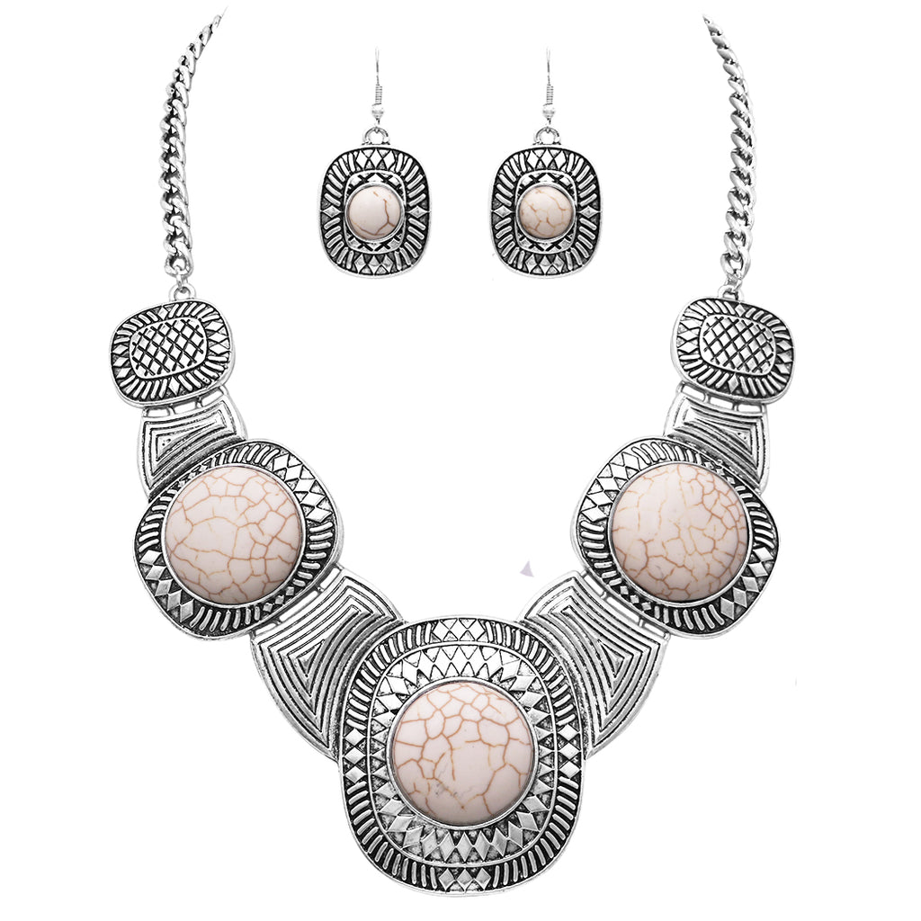 Western Style Concho with Natural Howlite Necklace Earring Jewelry Gift Set, 16"-19" with 3" Extension