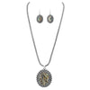 Western Style Silver Tone Concho Medallion with Natural Howlite Necklace Earrings Set, 26"-29" with 3" Extension (Abalone Shell)