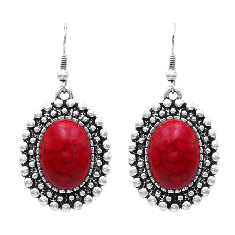 Western Style Silver Tone Concho Medallion with Natural Howlite Necklace Earrings Set, 26"-29" with 3" Extension (Red)