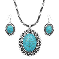 Western Style Silver Tone Concho Medallion with Natural Howlite Necklace Earrings Set, 26"-29" with 3" Extension (Turquoise)
