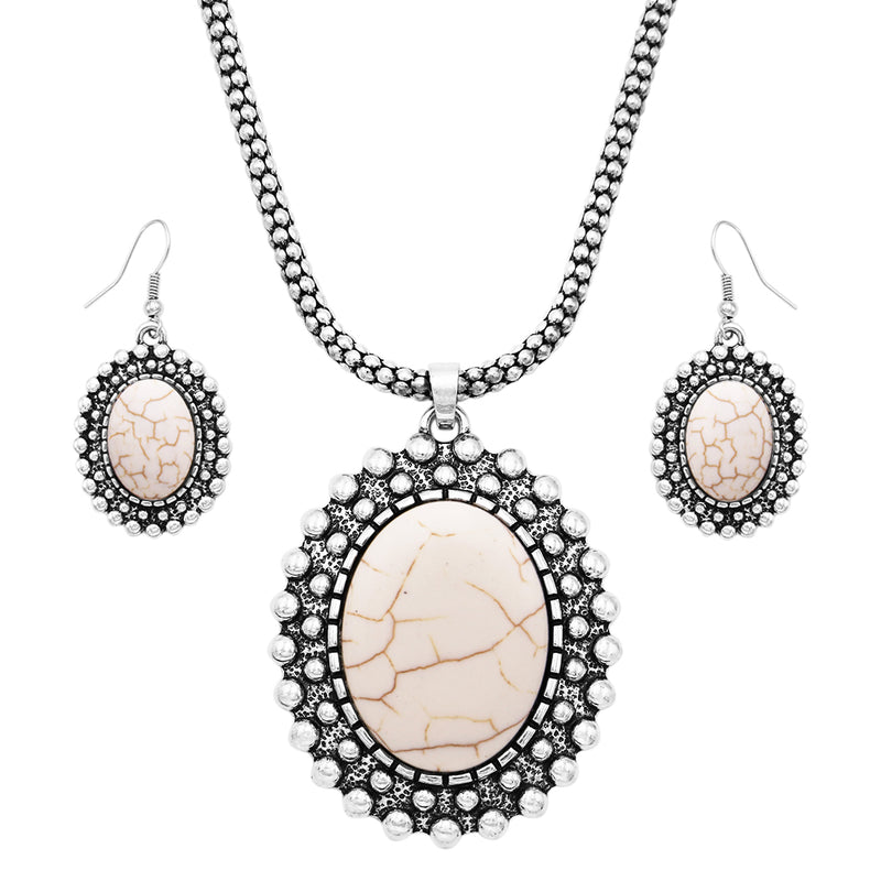 Western Style Silver Tone Concho Medallion with Natural Howlite Necklace Earrings Set, 26"-29" with 3" Extension (White)