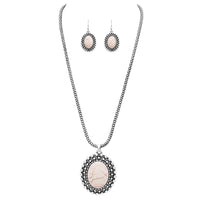 Western Style Silver Tone Concho Medallion with Natural Howlite Necklace Earrings Set, 26"-29" with 3" Extension (White)