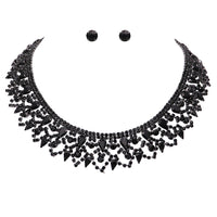 Women's Stunning Black Diamond Vintage Crystal Ruffle Collar Necklace Earring Jewelry Set, 13"-17" with 4" Extender