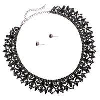 Women's Stunning Black Diamond Vintage Crystal Ruffle Collar Necklace Earring Jewelry Set, 13"-17" with 4" Extender