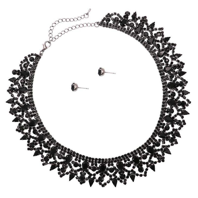 Women's Stunning Black Diamond Vintage Crystal Ruffle Collar Necklace Earring Jewelry Set, 13"-17" with 4" Extender