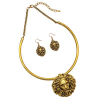 Statement Gold Lion Door Knocker Hoop Choker Necklace Earring Jewelry Set, 14"-17" with 3" Extender