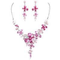 Stunning Crystal Accented Enamel Textured Metal Butterfly Necklace Earrings Set, 14"-17" with 3" Extender (Pink)