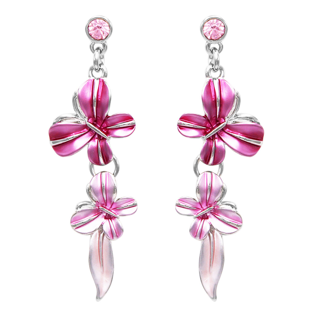 Stunning Crystal Accented Enamel Textured Metal Butterfly Necklace Earrings Set, 14"-17" with 3" Extender (Pink)