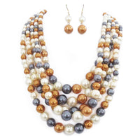 Multi Strand Simulated Pearl Bib Necklace and Earrings Jewelry Set, 16"-19" with 3" Extender (Neutral Multicolor Mix Gold Tone)