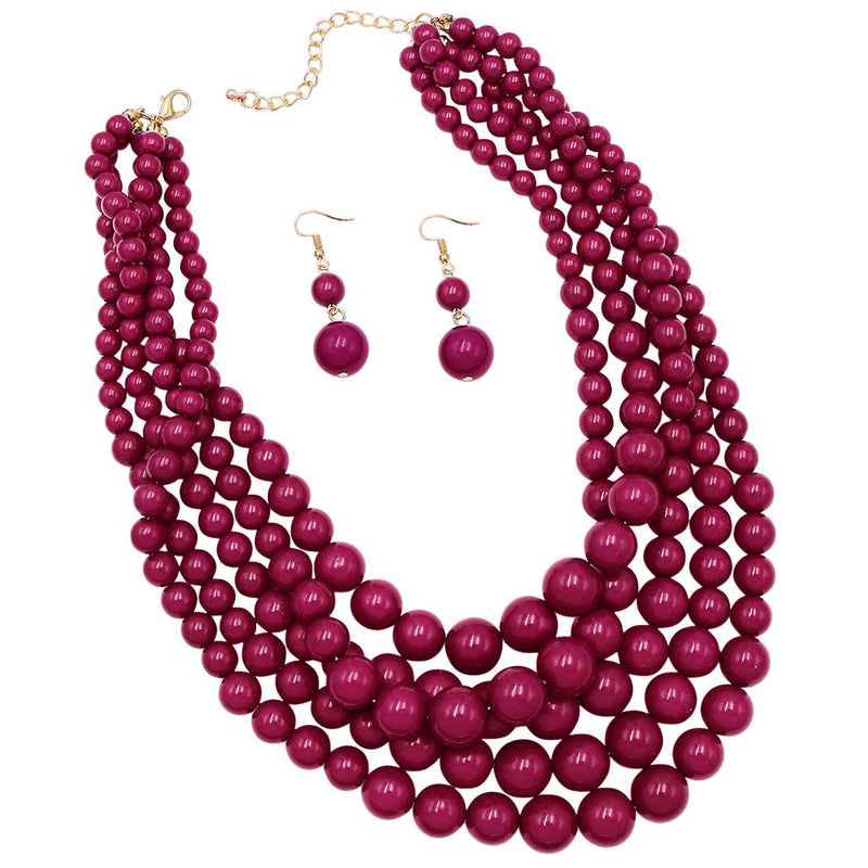 Multi Strand Simulated Pearl Bib Necklace and Earrings Jewelry Set, 16"-19" with 3" Extender (Burgundy Red)