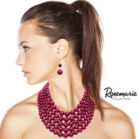 Multi Strand Simulated Pearl Bib Necklace and Earrings Jewelry Set, 16"-19" with 3" Extender (Burgundy Red)