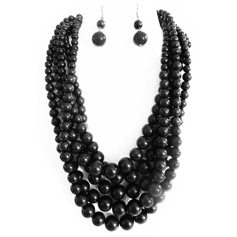 Multi Strand Simulated Pearl Bib Necklace and Earrings Jewelry Set, 16"-19" with 3" Extender (Jet Black Gold Tone)
