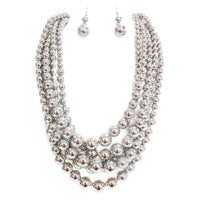 Multi Strand Simulated Pearl Bib Necklace and Earrings Jewelry Set, 16"-19" with 3" Extender (Polished Silver)