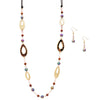 Contemporary Matte Gold Tone Rings and Beaded Chain Link Long Statement Corded Necklace and Earrings Set 38"+3" Extender (Cork Ring And Rainbow Bead)