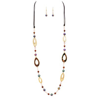 Contemporary Matte Gold Tone Rings and Beaded Chain Link Long Statement Corded Necklace and Earrings Set 38"+3" Extender (Cork Ring And Rainbow Bead)