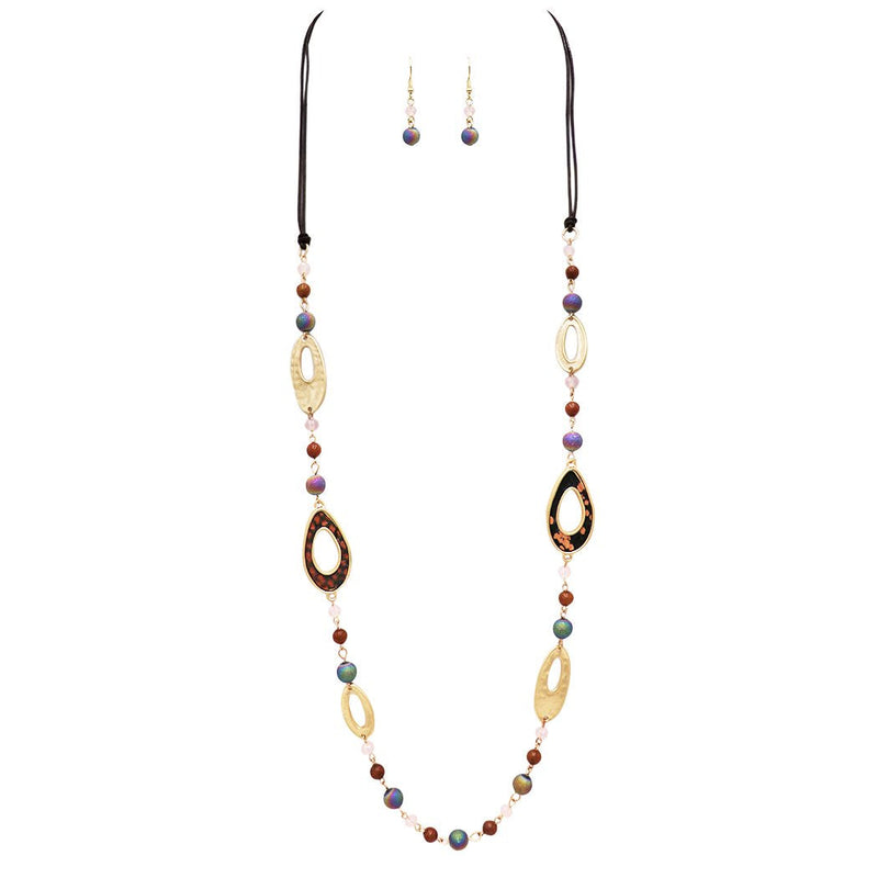 Contemporary Matte Gold Tone Rings and Beaded Chain Link Long Statement Corded Necklace and Earrings Set 38"+3" Extender (Cork Ring And Rainbow Bead)