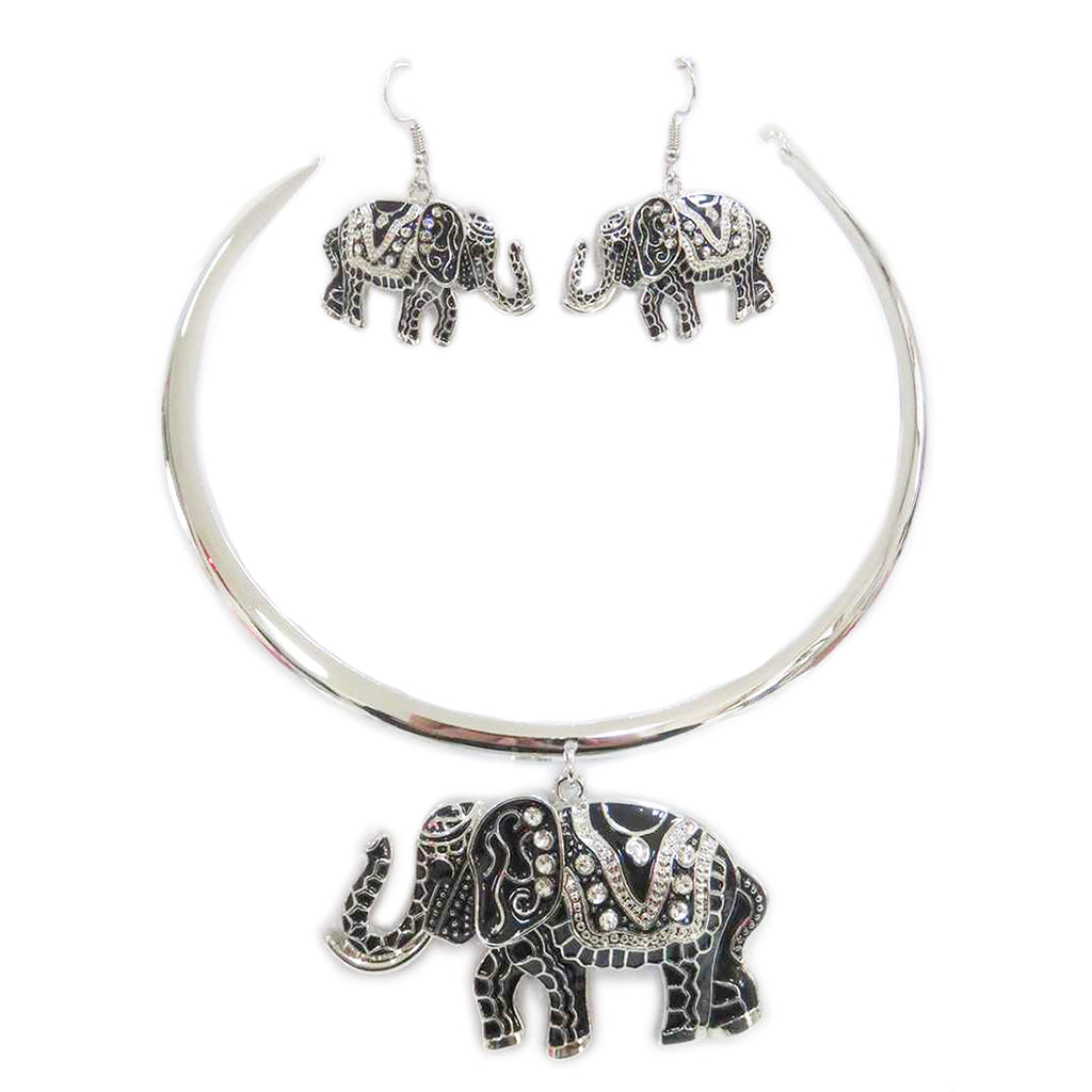 Majestic Enamel Coated Crystal Accented Lucky Elephant Statement Necklace Earrings Set, 12"-14" with 2" Extension (Black Enamel on Silver Tone)