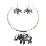 Majestic Enamel Coated Crystal Accented Lucky Elephant Statement Necklace Earrings Set, 12
