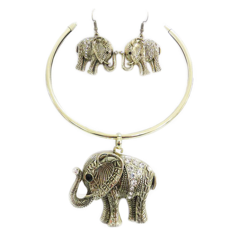Majestic Enamel Coated Crystal Accented Lucky Elephant Statement Necklace Earrings Set, 12"-14" with 2" Extension (Antiqued Gold Tone)